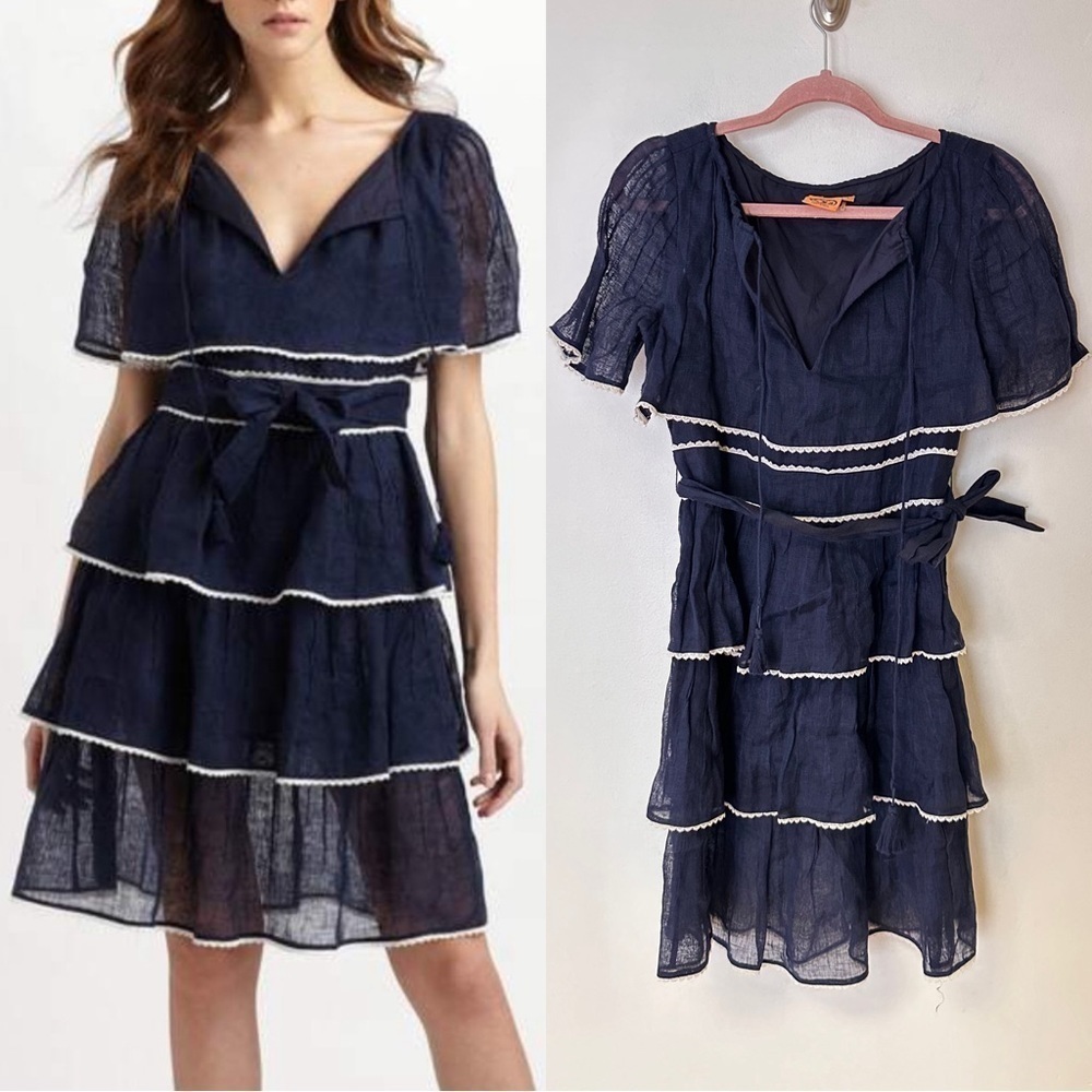 Tory Burch Blue Linen Tierred Dress Size 6